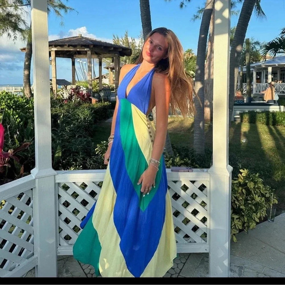 NWT Free People Give Me A Spin Midi Maxi Dress Linen Halter Blue Large